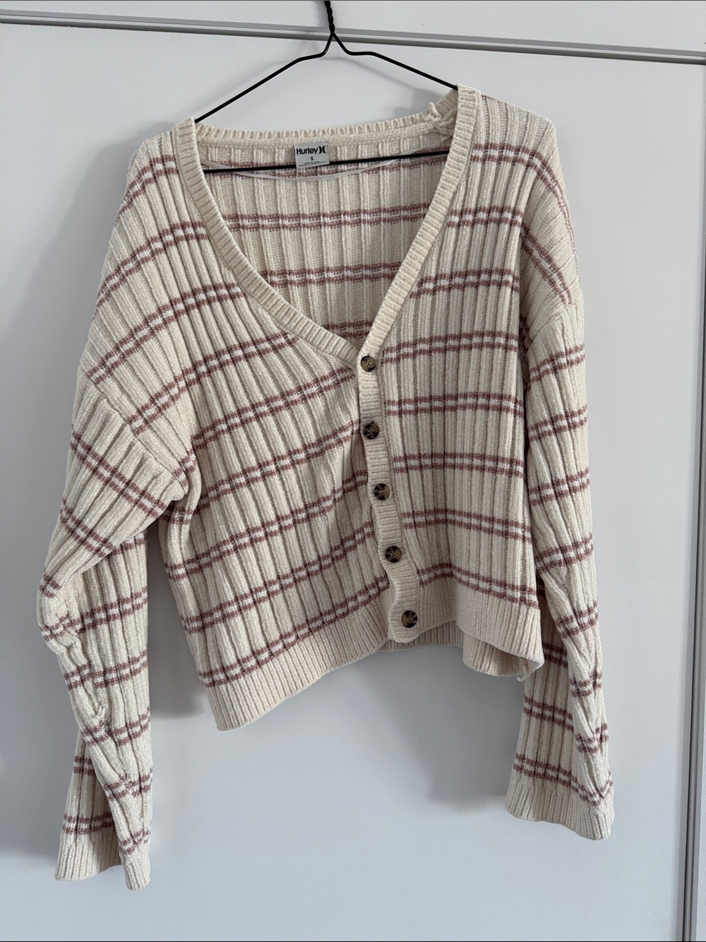 Hurley Cream Cardigan with Dusty Rose Plaid Rib Knit-chenille